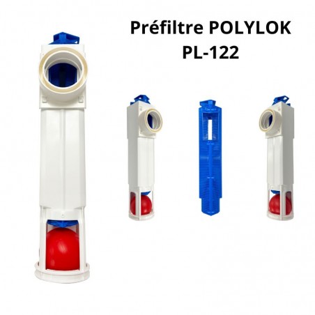 Vues de face et de profil du préfiltre Polylok PL122 ainsi que du filtre interne.