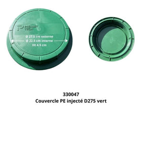 Couvercle rond vert à visser Premier Tech - Présentation des deux faces et des dimensions