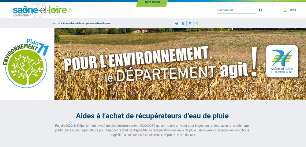 Aide départementale eau pluie. Aide départementale en Saône et Loire 71 pour l’achat d’un récupérateur eau de pluie
